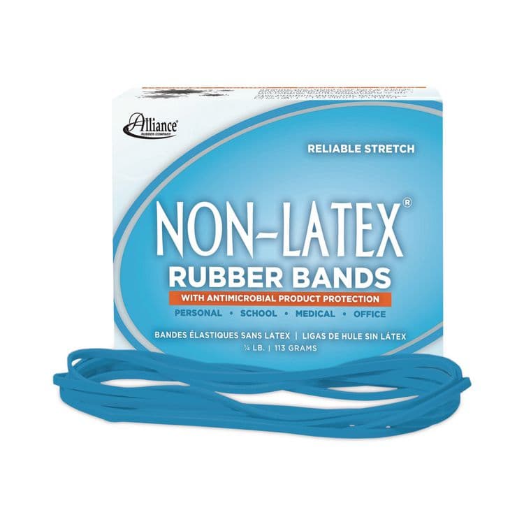 ALLIANCE RUBBER Antimicrobial Non-Latex Rubber Bands, Size 117B, 0.06" Gauge, Cyan Blue, 4 oz Box, 62/Box (ALL42179)
