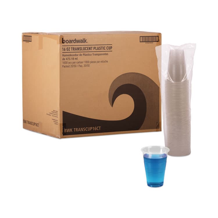 BOARDWALK Translucent Plastic Cold Cups, 16 oz, 50/Sleeve, 20 Sleeves/Carton (BWKTRANSCUP16CT)