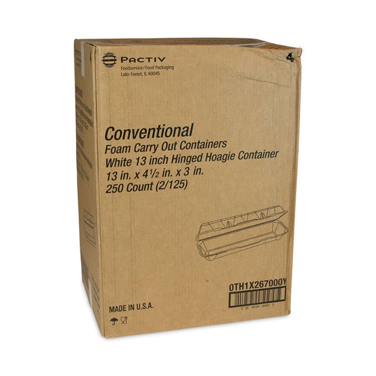 PACTIV EVERGREEN CORPORATION Foam Hinged Lid Containers, Dual Tab Lock Hoagie, 13 x 4.5 x 3, White, 250/Carton (PCT0TH1X267000Y) thumbnail 2