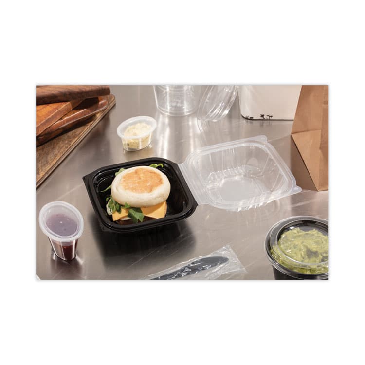 PACTIV EVERGREEN CORPORATION EarthChoice Vented Dual Color Microwavable Hinged Lid Container, 16 oz, 6 x 6 x 3.1, Black/Clear, Plastic, 321/Carton (PCTDC6610B000) thumbnail 4