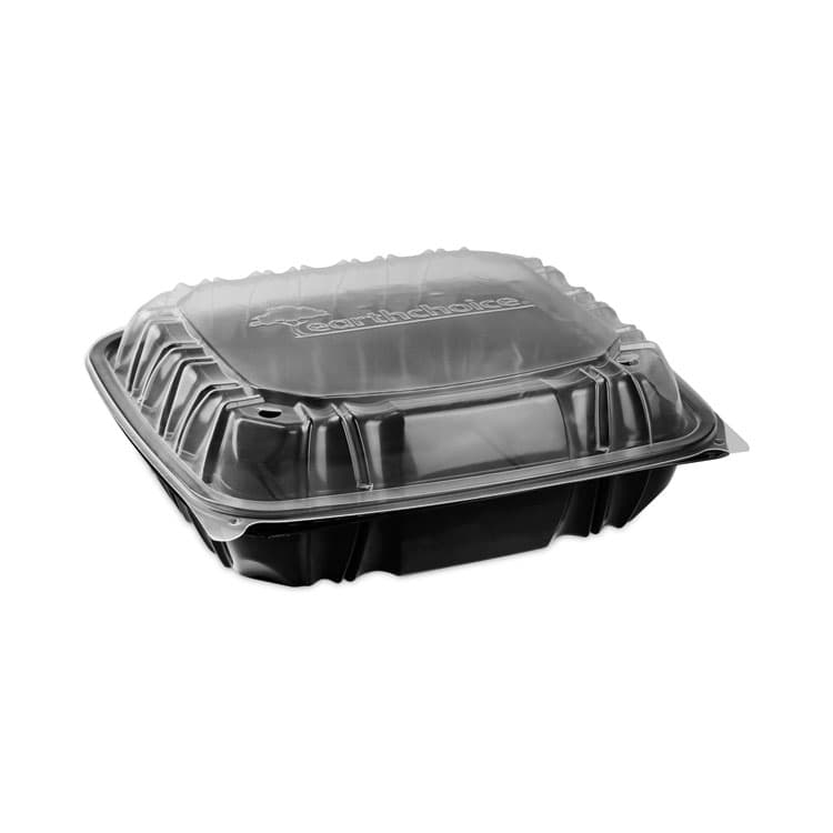 PACTIV EVERGREEN CORPORATION EarthChoice Vented Dual Color Microwavable Hinged Lid Container, 3 Compartments, 54 oz, Black/Clear, Plastic, 132/Carton (PCTDC109310B000)