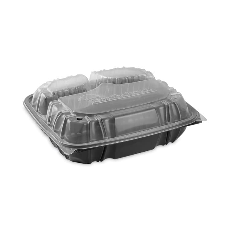 PACTIV EVERGREEN CORPORATION EarthChoice Vented Dual Color Microwavable Hinged Lid Container, 3-Compartment Base/Lid, 54 oz, Black/Clear, Plastic, 132/CT (PCTDC109330B000)