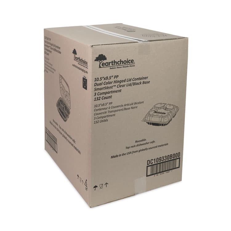 PACTIV EVERGREEN CORPORATION EarthChoice Vented Dual Color Microwavable Hinged Lid Container, 3-Compartment Base/Lid, 54 oz, Black/Clear, Plastic, 132/CT (PCTDC109330B000) thumbnail 3