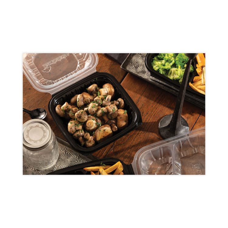 PACTIV EVERGREEN CORPORATION EarthChoice Vented Dual Color Microwavable Hinged Lid Container, 28 oz, 7.5 x 7.5 x 3.1, Black/Clear, Plastic, 150/Carton (PCTDC757100B000) thumbnail 4