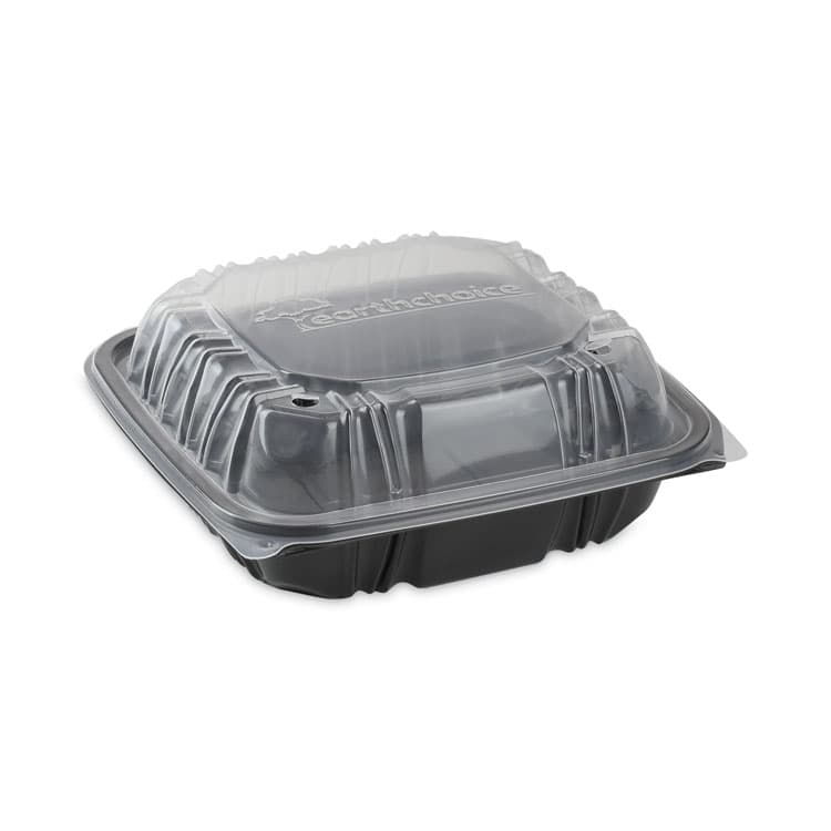PACTIV EVERGREEN CORPORATION EarthChoice Vented Dual Color Microwavable Hinged Lid Container, 38 oz, 8.5 x 8.6 x 3.1, Black/Clear, Plastic, 150/Carton (PCTDC858100B000)
