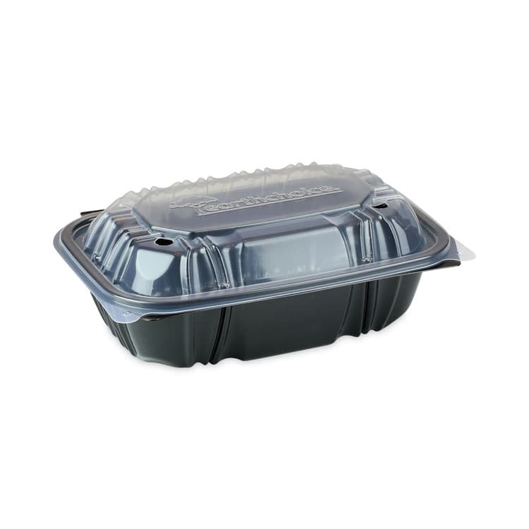 PACTIV EVERGREEN CORPORATION EarthChoice Vented Dual Color Microwavable Hinged Lid Container, 34 oz, 9 x 6 x 3.1, Black/Clear, Plastic, 140/Carton (PCTDC961000B000)