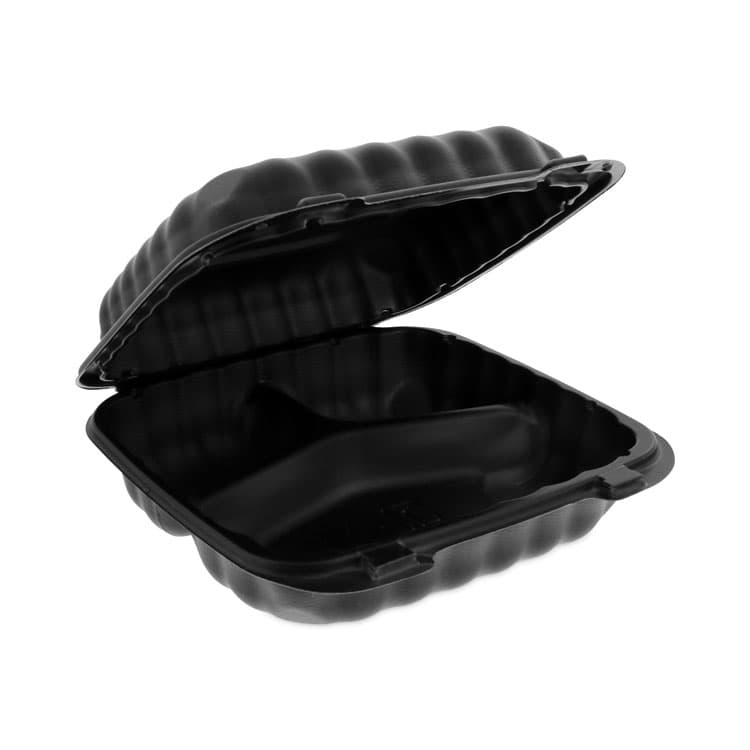 PACTIV EVERGREEN CORPORATION EarthChoice SmartLock Microwavable MFPP Hinged Lid Container, 3 Compartments, 8.35 x 8.5 x 3.1, Black, Plastic, 200/Carton (PCTYCNB08030000)