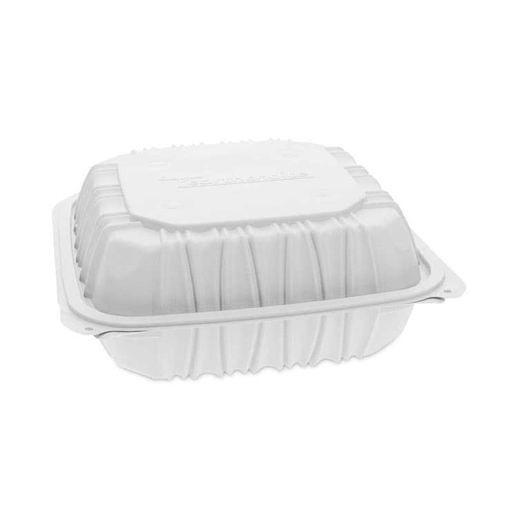 PACTIV EVERGREEN CORPORATION EarthChoice Vented Microwavable MFPP Hinged Lid Container, 3 Compartments, 8.4 x 8.7 x 3.1, White, Plastic, 146/Carton (PCTYCNW0853)