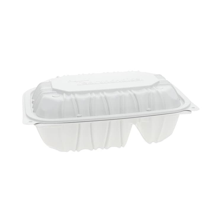 PACTIV EVERGREEN CORPORATION EarthChoice Vented Microwavable MFPP Hinged Lid Container, 2 Compartments, 9 x 6 x 3.1, White, Plastic, 170/Carton (PCTYCNW02052)