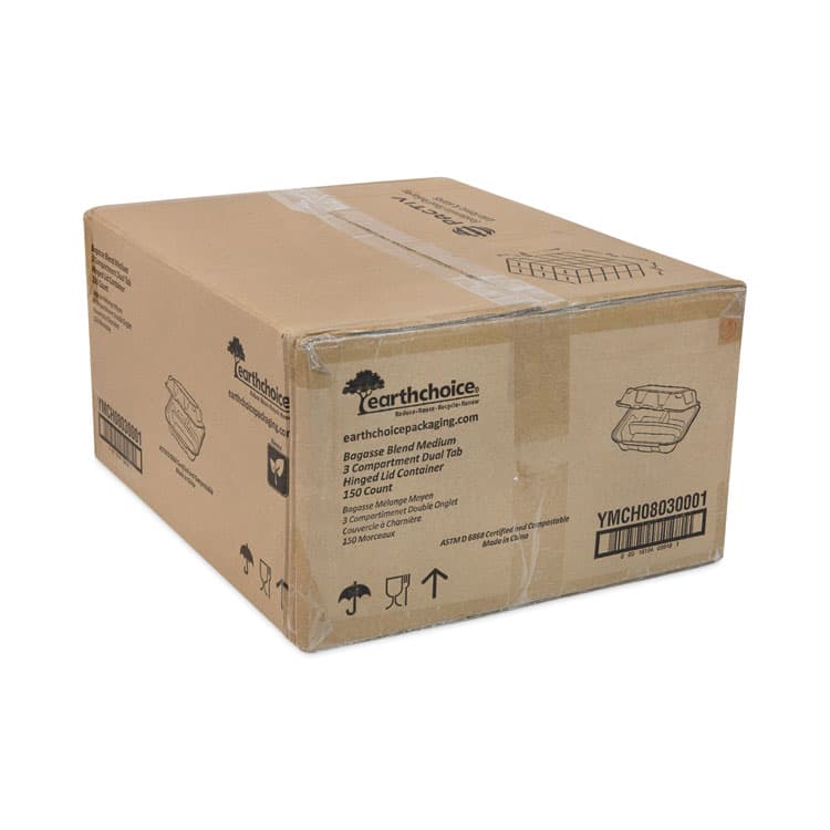 PACTIV EVERGREEN CORPORATION EarthChoice Bagasse Hinged Lid Container, 3 Compartments, Dual Tab Lock, 7.8 x 7.8 x 2.8, Natural, Sugarcane, 150/Carton (PCTYMCH08030001) thumbnail 2