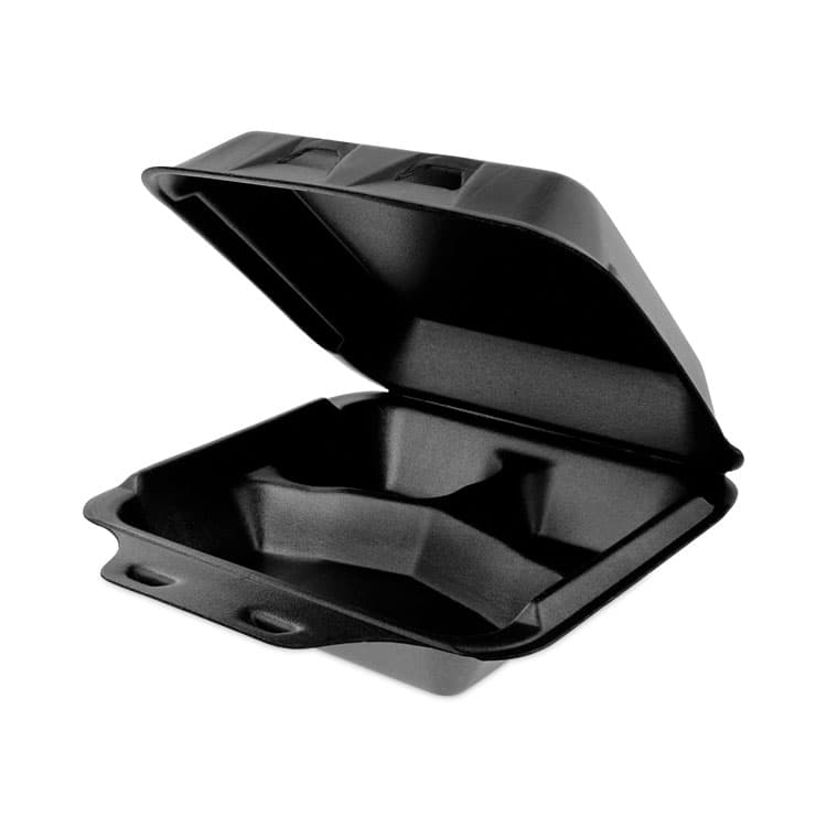 PACTIV EVERGREEN CORPORATION SmartLock Foam Hinged Lid Container, Medium, 3 Compartments, 8 x 8.5 x 3, Black, 150/Carton (PCTYHLB08030000) thumbnail 2