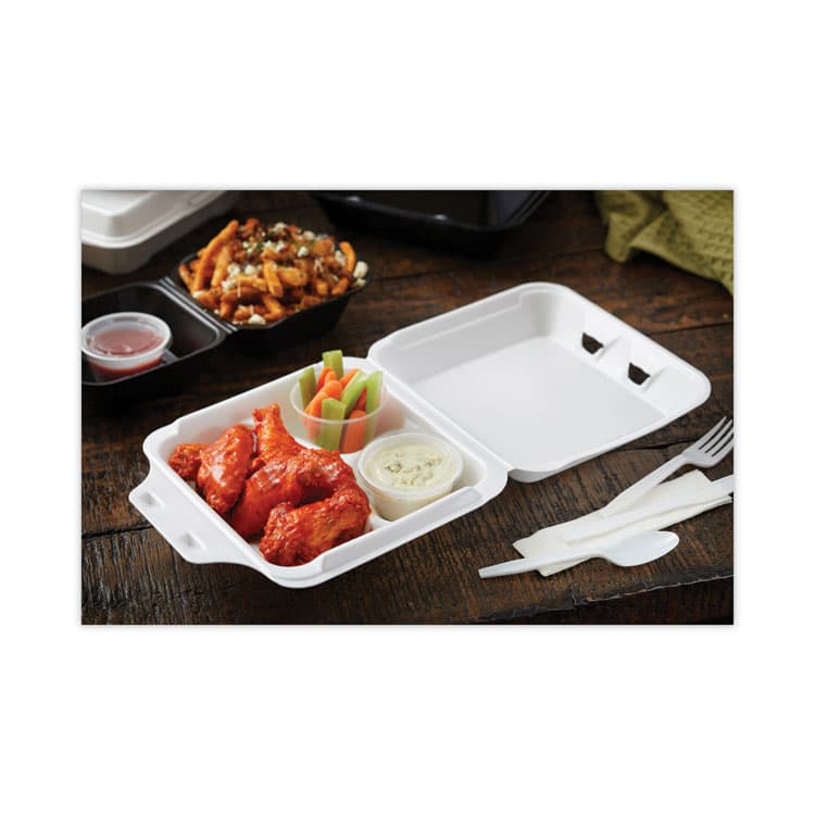 PACTIV EVERGREEN CORPORATION SmartLock Foam Hinged Lid Container, Medium, 3 Compartments, 8 x 8.5 x 3, White, 150/Carton (PCTYHLW08030000) thumbnail 3