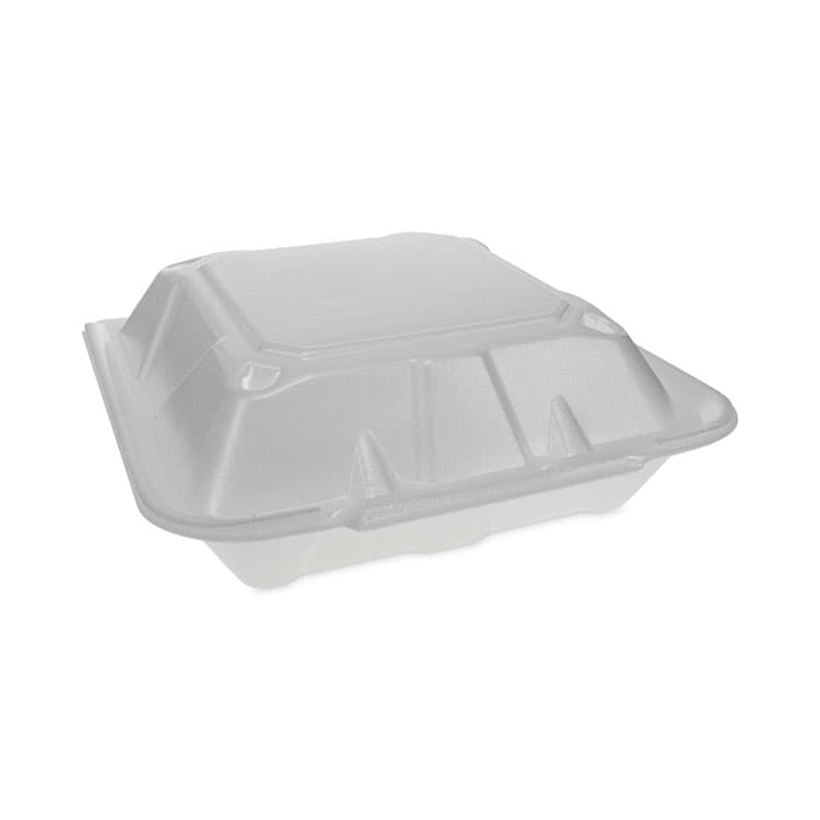 PACTIV EVERGREEN CORPORATION Vented Foam Hinged Lid Container, Dual Tab Lock Economy, 3 Compartments, 9.1 x 9 x 3.3, White, 150/Carton (PCTYTD19903ECON)