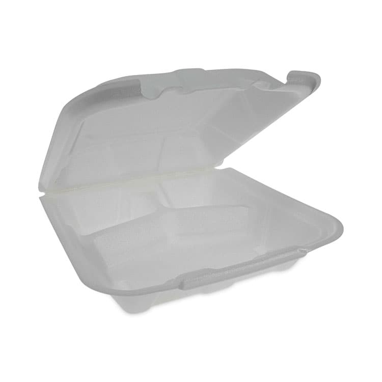 PACTIV EVERGREEN CORPORATION Vented Foam Hinged Lid Container, Dual Tab Lock Economy, 3 Compartments, 9.1 x 9 x 3.3, White, 150/Carton (PCTYTD19903ECON) thumbnail 2