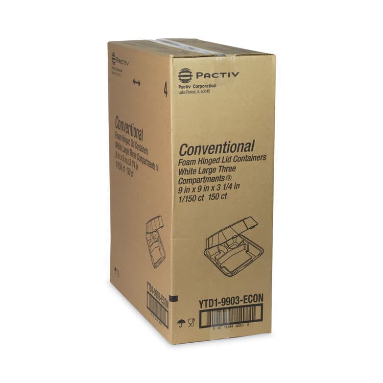 PACTIV EVERGREEN CORPORATION Vented Foam Hinged Lid Container, Dual Tab Lock Economy, 3 Compartments, 9.1 x 9 x 3.3, White, 150/Carton (PCTYTD19903ECON) thumbnail 3