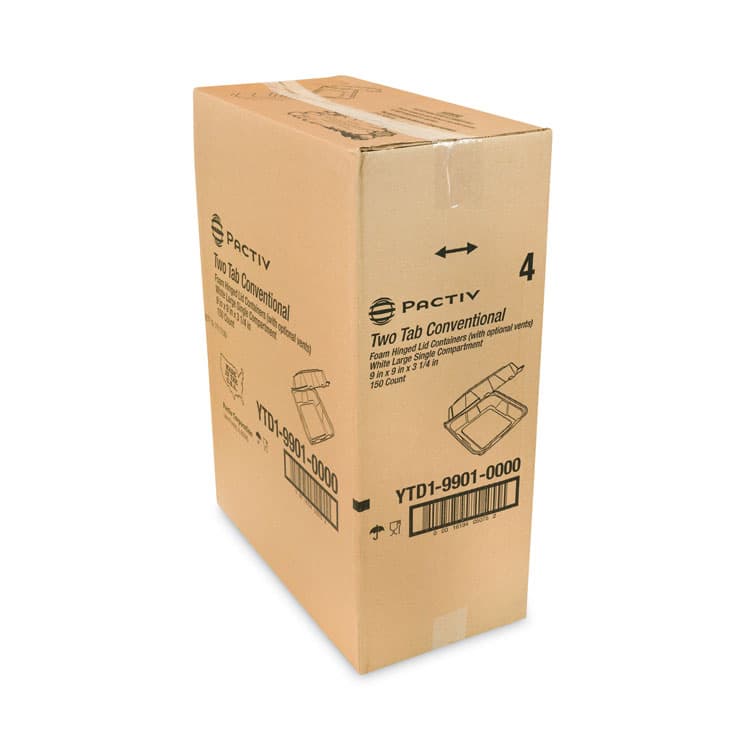 PACTIV EVERGREEN CORPORATION Vented Foam Hinged Lid Container, Dual Tab Lock, 9.13 x 9 x 3.25, White, 150/Carton (PCTYTD199010000) thumbnail 3