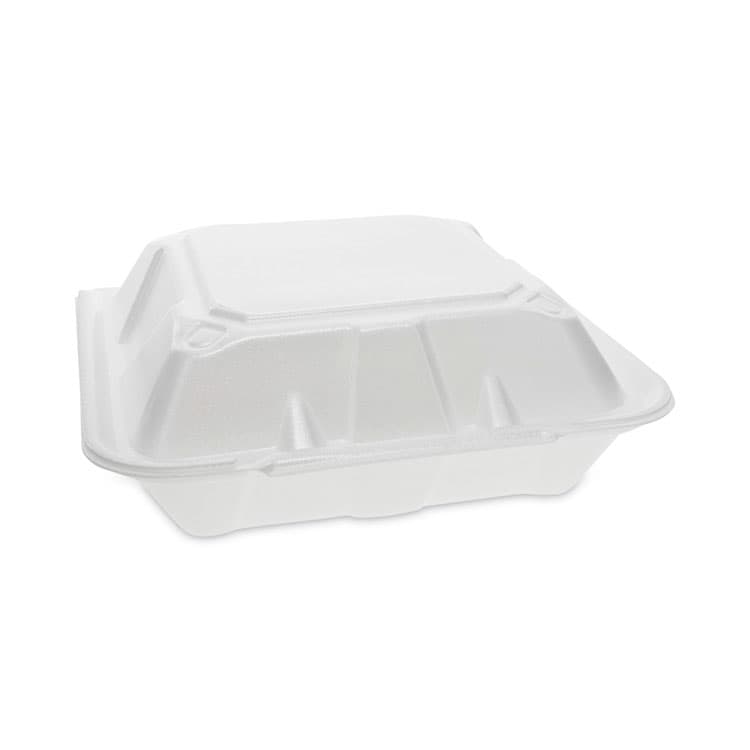 PACTIV EVERGREEN CORPORATION Vented Foam Hinged Lid Container, Dual Tab Lock, 3 Compartments, 9.1 x 9 x 3.3, White, 150/Carton (PCTYTD199030000)