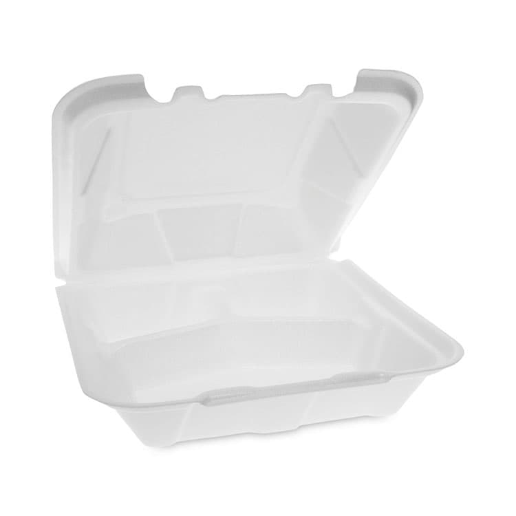 PACTIV EVERGREEN CORPORATION Vented Foam Hinged Lid Container, Dual Tab Lock, 3 Compartments, 9.1 x 9 x 3.3, White, 150/Carton (PCTYTD199030000) thumbnail 2
