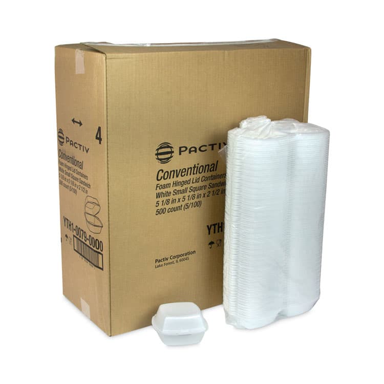 PACTIV EVERGREEN CORPORATION Foam Hinged Lid Container, Single Tab Lock, 5 x 5 x 2.5, White, 500/Carton (PCTYTH100790000) thumbnail 4