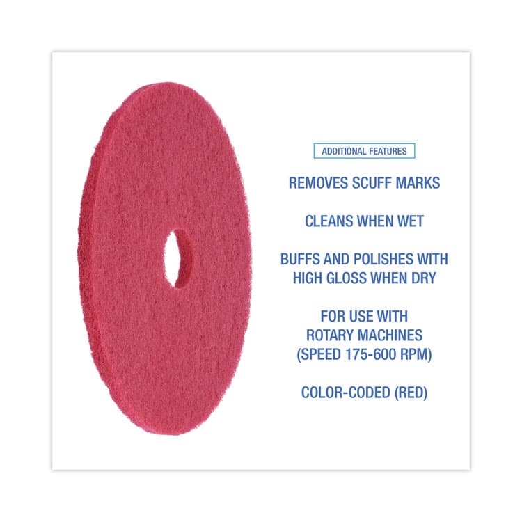 BOARDWALK Buffing Floor Pads, 19" Diameter, Red, 5/Carton (BWK4019RED) thumbnail 4
