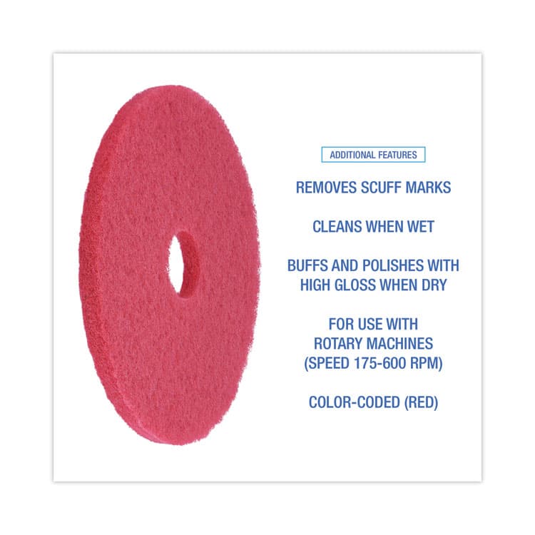 BOARDWALK Buffing Floor Pads, 18" Diameter, Red, 5/Carton (BWK4018RED) thumbnail 4