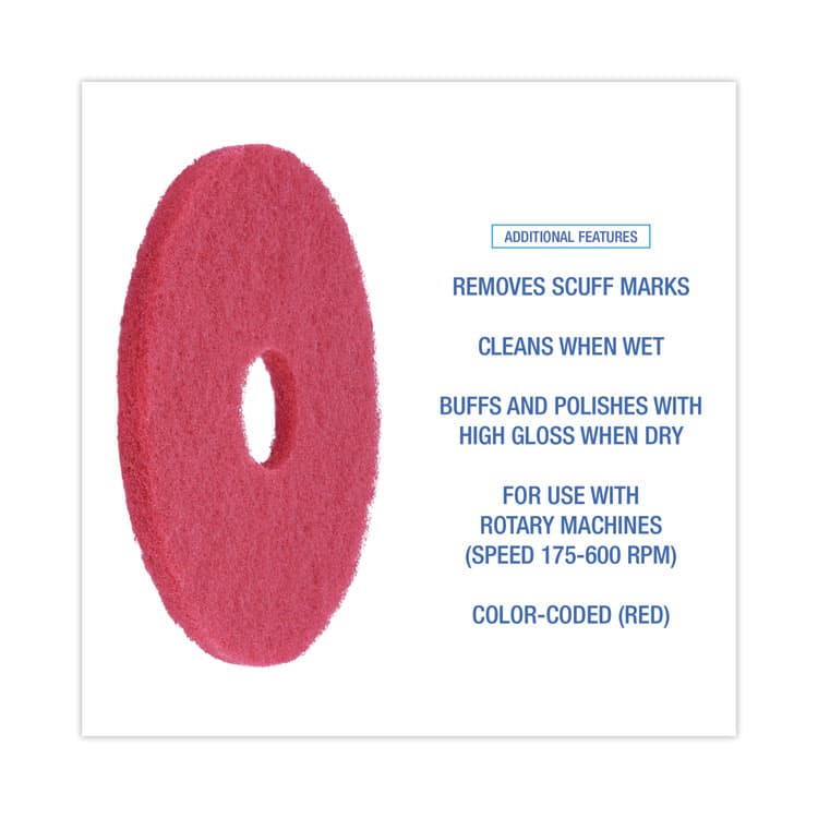 BOARDWALK Buffing Floor Pads, 16" Diameter, Red, 5/Carton (BWK4016RED) thumbnail 4