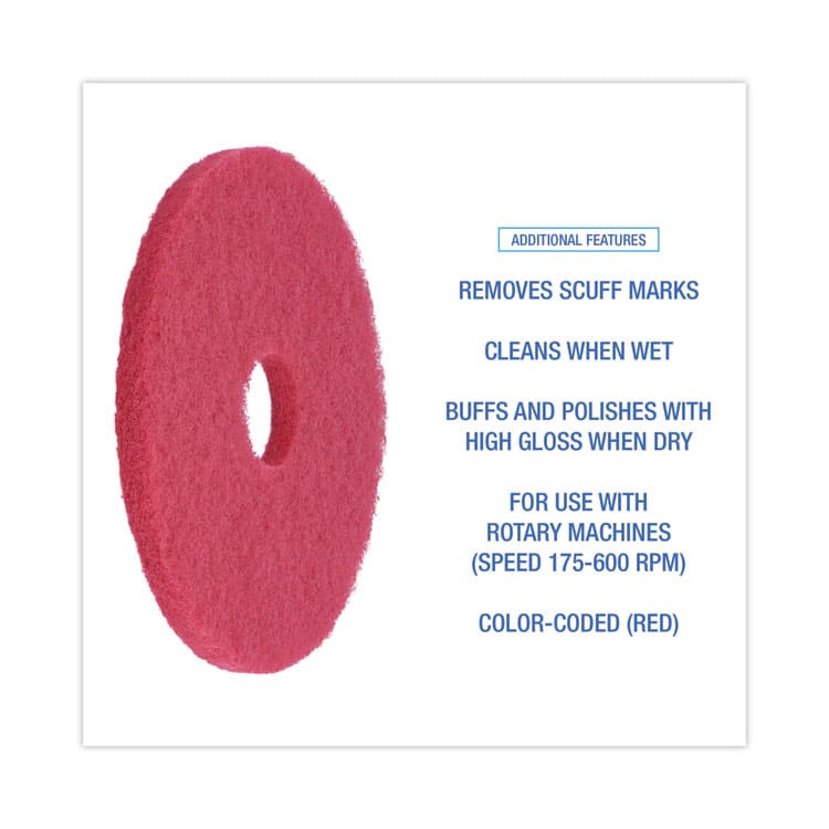 BOARDWALK Buffing Floor Pads, 15" Diameter, Red, 5/Carton (BWK4015RED) thumbnail 4