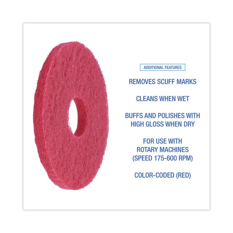 BOARDWALK Buffing Floor Pads, 12" Diameter, Red, 5/Carton (BWK4012RED) thumbnail 4