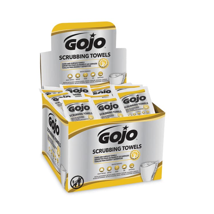 GO-JO INDUSTRIES Scrubbing Towels in Counter Display, Hand Cleaning, 12.25 x 10.5, Fresh Citrus, 4 Boxes, 80 Individually Wrapped Wipes/Carton (GOJ638004)