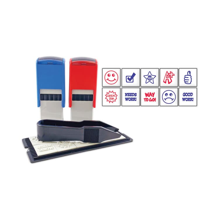 TRODAT Printy 10-in-1 Self-Inking Teacher Stamp, Incudes 10 Dies, 0.63" Diameter, Blue/Red (USS4630)