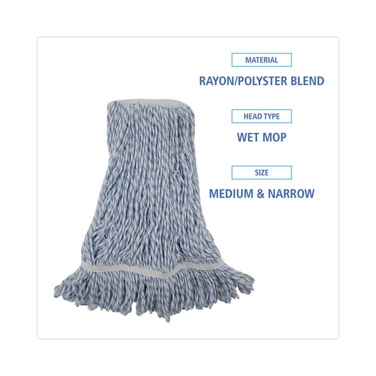 BOARDWALK Floor Finish Mop Head, Narrow, Rayon/Polyester, Medium, White/Blue Stripes, 12/Carton (BWK542CT) thumbnail 2