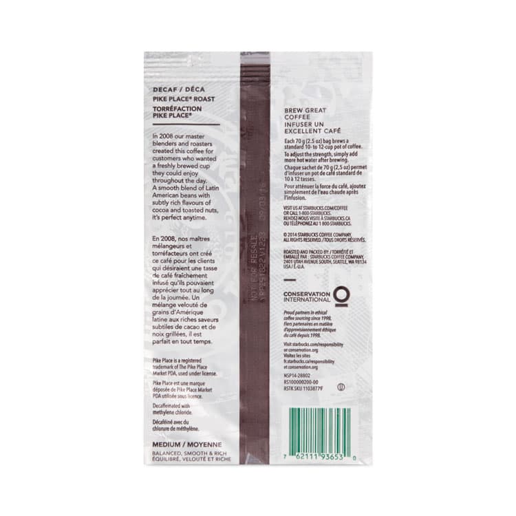 STARBUCKS COFFEE COMPANY Coffee, Pike Place Decaf, 2.5 oz Packet, 72/Carton (SBK11023061CT) thumbnail 2