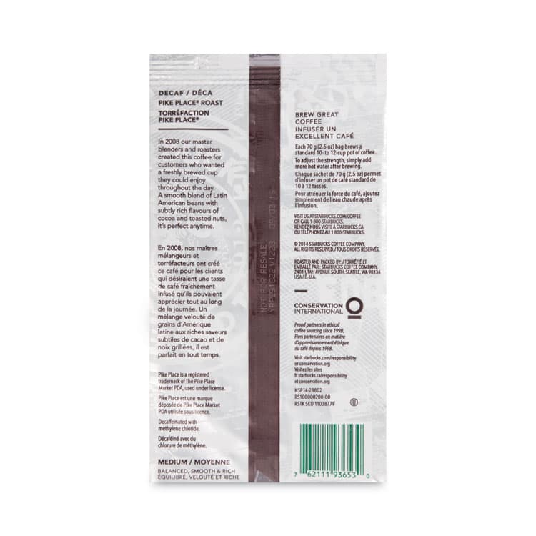 STARBUCKS COFFEE COMPANY Coffee, Pike Place Decaf, 2.5 oz Packet, 18/Box (SBK11023061) thumbnail 3