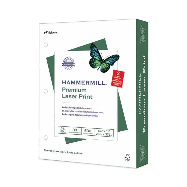 HAMMERMILL/HP EVERYDAY PAPERS Premium Laser Print Paper, 98 Bright, 3-Hole, 24 lb Bond Weight, 8.5 x 11, White, 500/Ream (HAM107681)