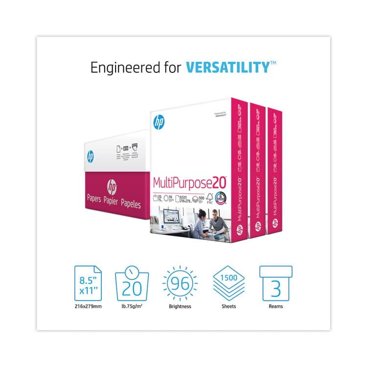 HEWLETT PACKARD COMPANY MultiPurpose20 Paper, 96 Bright, 20 lb Bond Weight, 8.5 x 11, White, 500 Sheets/Ream, 3 Reams/Carton (HEW112530) thumbnail 2