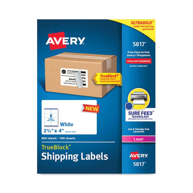 AVERY PRODUCTS CORPORATION Shipping Labels with TrueBlock Technology, Laser Printers, 2.5 x 4, White, 8/Sheet, 100 Sheets/Pack (AVE5817)