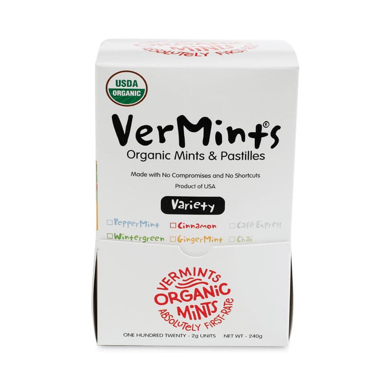 VERMINTS . VerMints Organic Mints/Pastilles, Assorted Flavors, 2 Mints/0.7 oz Individually Wrapped, 120/Box (VEMVNT00991) thumbnail 2