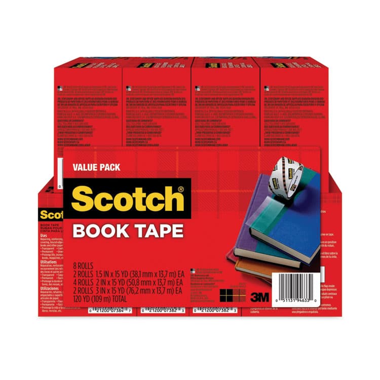 3M/COMMERCIAL TAPE DIV. Book Tape Value Pack, 3" Core, (2) 1.5" x 15 yds, (4) 2" x 15 yds, (2) 3" x 15 yds, Clear, 8/Pack (MMM845VP)