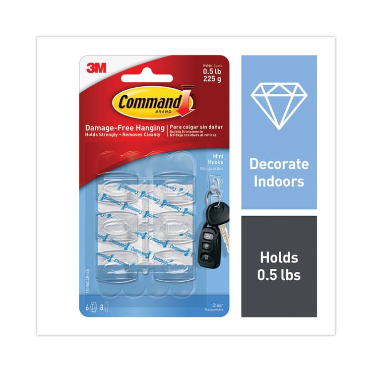 3M/COMMERCIAL TAPE DIV. Mini Clear Hooks, Plastic, Supports 0.5 lb, 6/Pack (MMM17006CLRES)