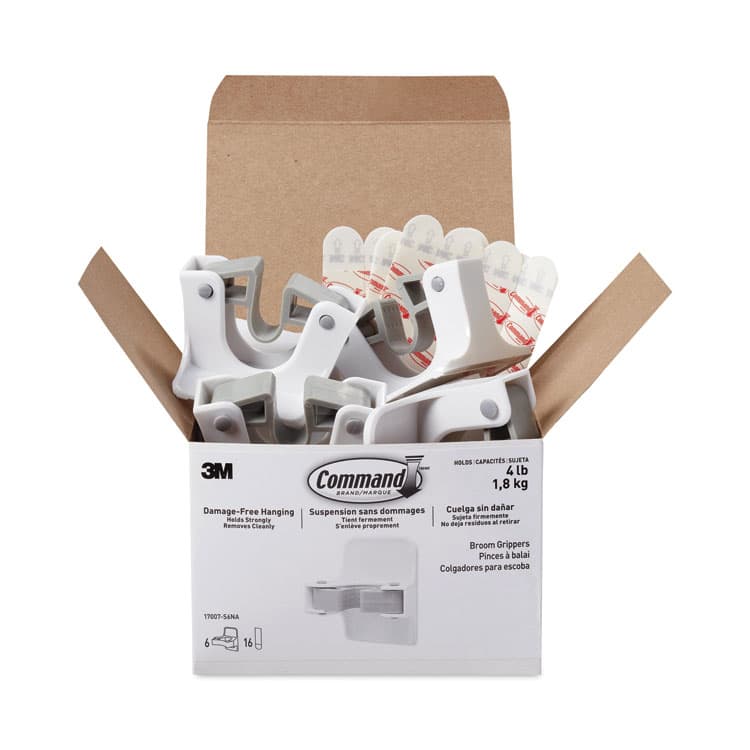 3M/COMMERCIAL TAPE DIV. Broom Gripper, 3.12w x 1.85d x 3.34h, White/Gray, 6 Grippers/16 Strips/Pack (MMM17007S6NA)