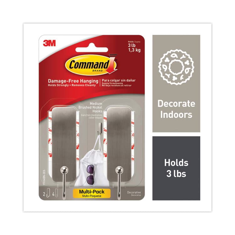 3M/COMMERCIAL TAPE DIV. Medium Indoor Decorative Hooks, Metal, Brushed Nickel, Supports 3 lb, 2/Pack (MMM17034BN2ES)