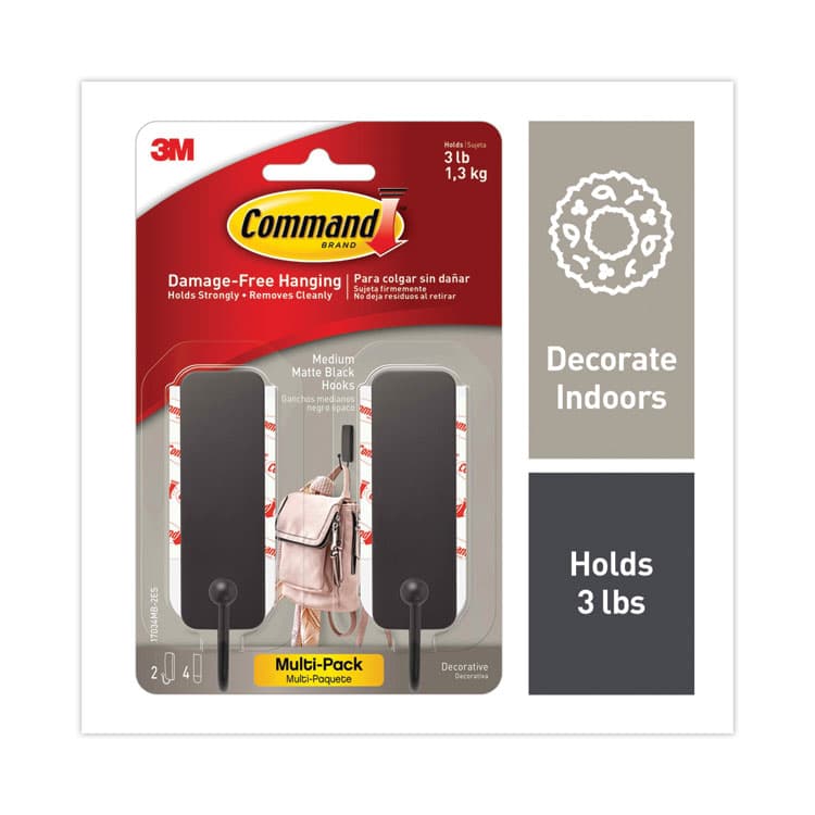 3M/COMMERCIAL TAPE DIV. Medium Indoor Decorative Hooks, Metal, Matte Black, Supports 3 lb, 2/Pack (MMM17034MB2ES)