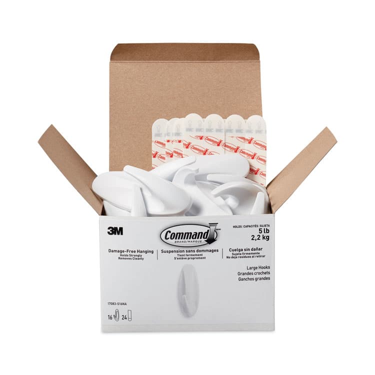 3M/COMMERCIAL TAPE DIV. Designer Hooks, Large, Plastic, White, 5 lb Capacity, 16 Hooks and 24 Strips/Pack (MMM17083S16NA)