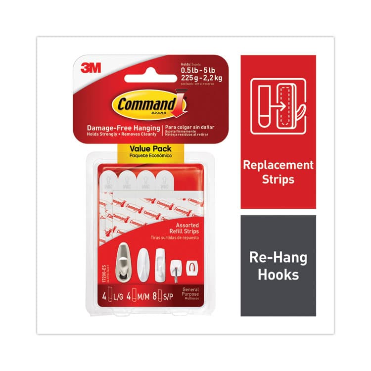 3M/COMMERCIAL TAPE DIV. Damage-Free Hanging Indoor Refill Strips, (8) Small (0.63" x 1.81"), (4) Med (0.63" x 2.75"), (4) Large (0.75" x 3.65"),White (MMM17200) thumbnail 2
