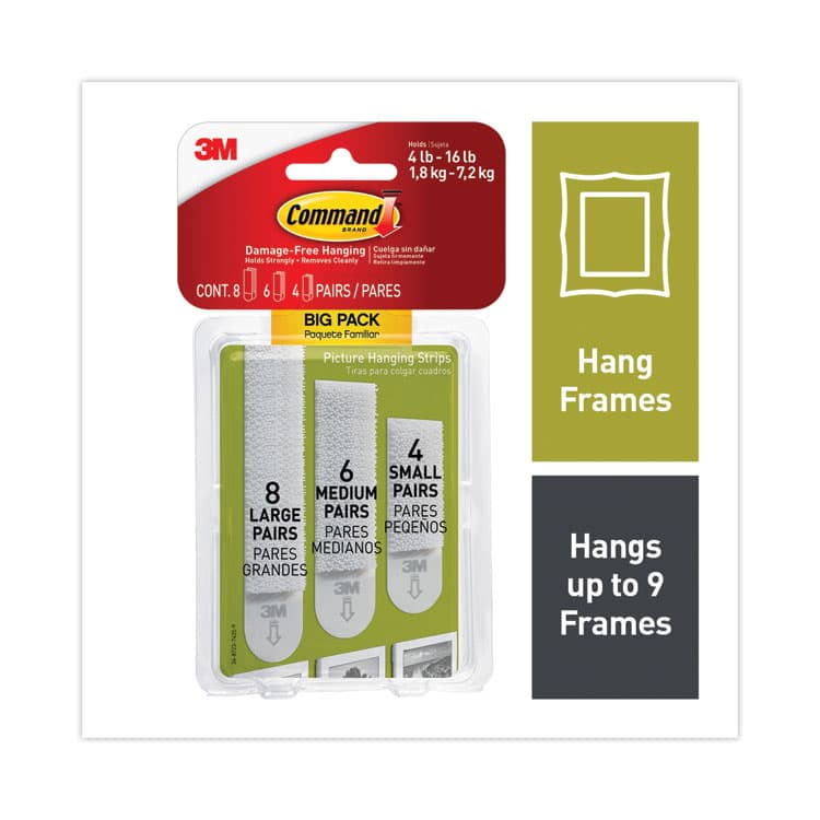 3M/COMMERCIAL TAPE DIV. Damage-Free Hanging Picture Hanging Strip Pairs, (8) Large (3.75 lb), (6) Medium (2.5 lb), (4) Small (1.25 lb), White, 18/PK (MMM17211BPES) thumbnail 3