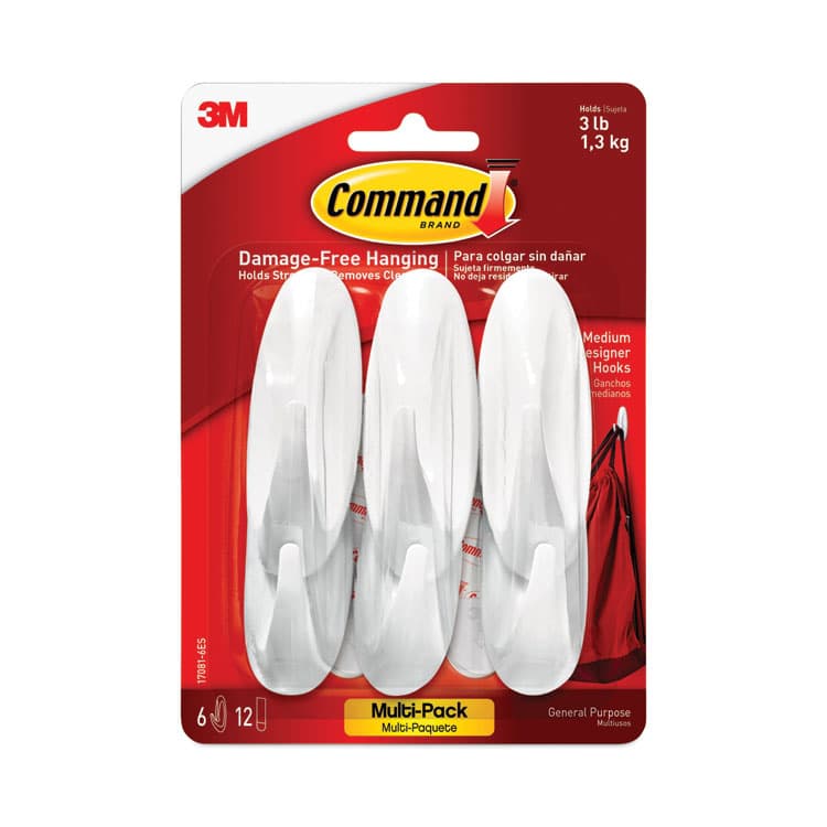 3M/COMMERCIAL TAPE DIV. Designer Hooks, Medium, Plastic, White, 3 lb Capacity, 6 Hooks and 12 Strips/Pack (MMM170816ES) thumbnail 2
