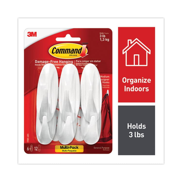 3M/COMMERCIAL TAPE DIV. Designer Hooks, Medium, Plastic, White, 3 lb Capacity, 6 Hooks and 12 Strips/Pack (MMM170816ES)