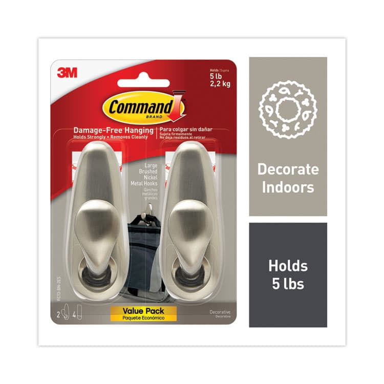 3M/COMMERCIAL TAPE DIV. Adhesive Mount Metal Hook, Large, Brushed Nickel Finish, 5 lb Capacity, 2 Hooks and 4 Strips/Pack (MMMFC13BN2ES)