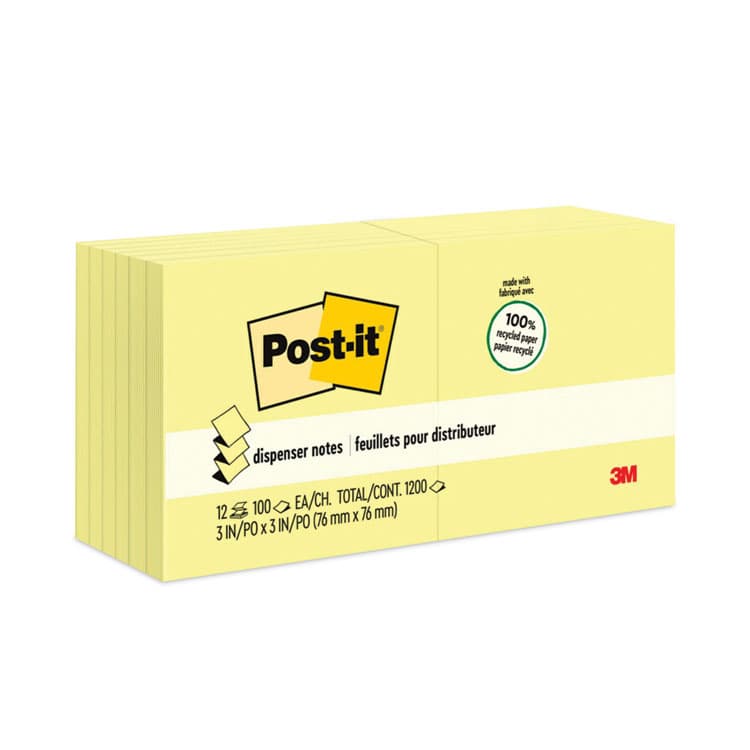 3M/COMMERCIAL TAPE DIV. Original Recycled Pop-up Notes, 3" x 3", Canary Yellow, 100 Sheets/Pad, 12 Pads/Pack (MMMR330RP12YW)