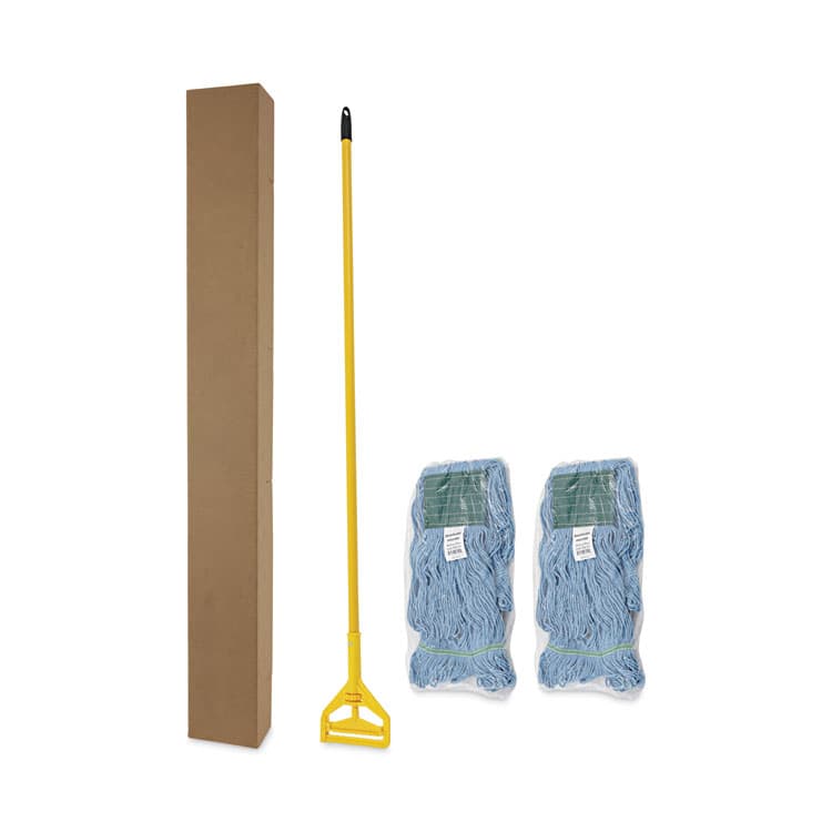 BOARDWALK Looped End Mop Kit, Medium Blue Cotton/Rayon/Synthetic Head, 60" Yellow Metal/Polypropylene Handle (BWK400MBC) thumbnail 3